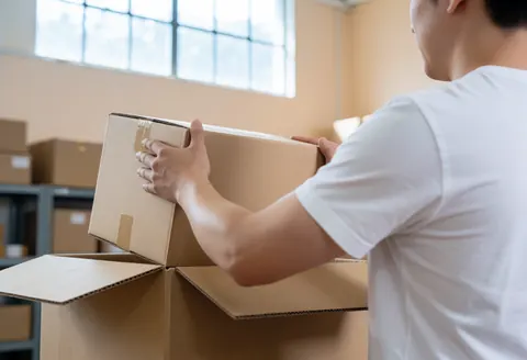 A worker carefully packing items into a cardboard box in a warehouse for online store shipping