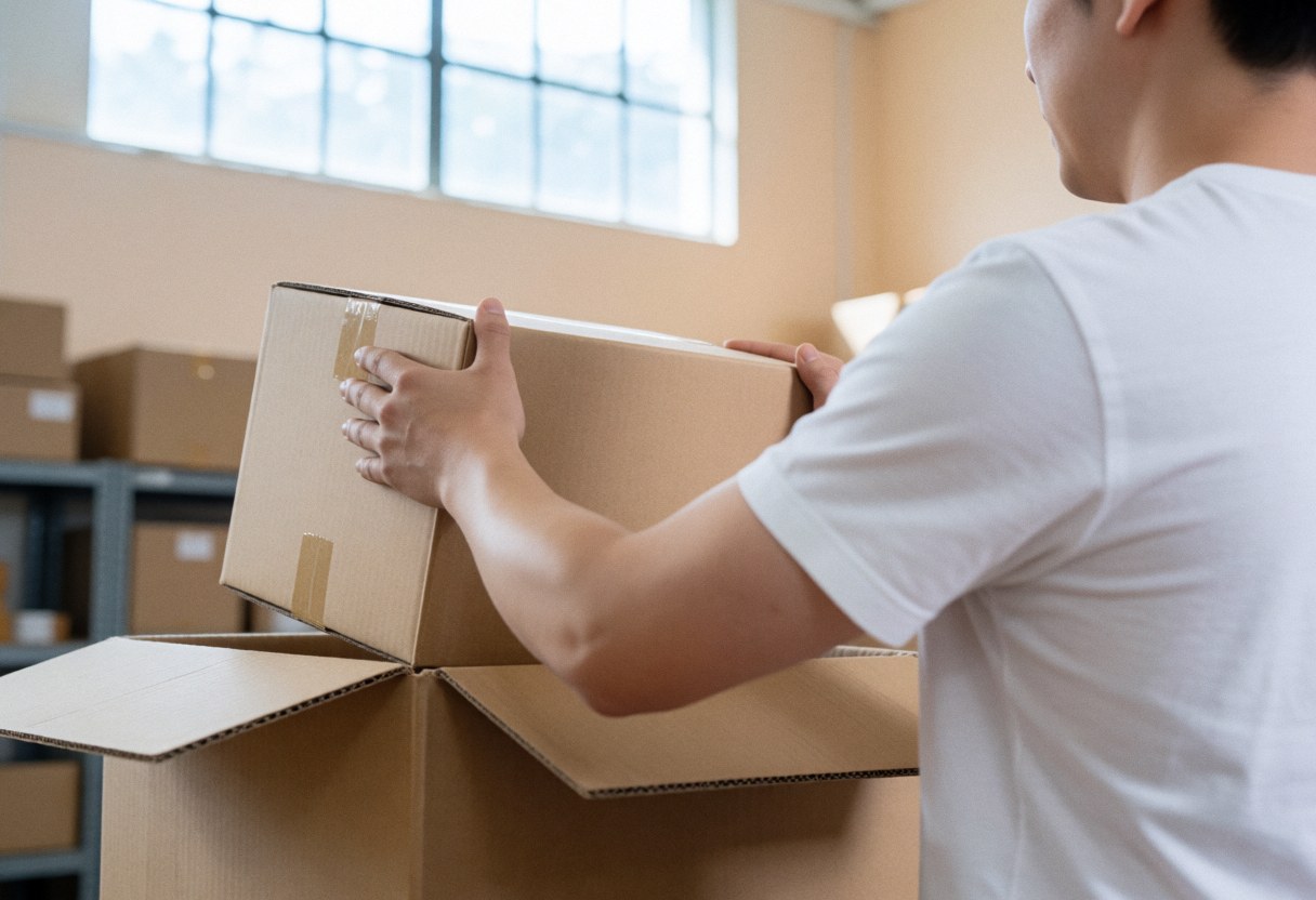 A worker carefully packing items into a cardboard box in a warehouse for online store shipping