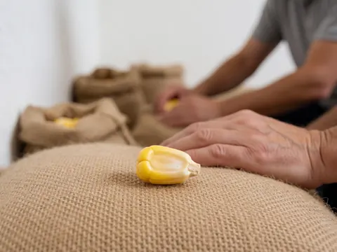 Close-up of a yellow corn kernel resting on a rough jute sack with blurred hands working in the background.