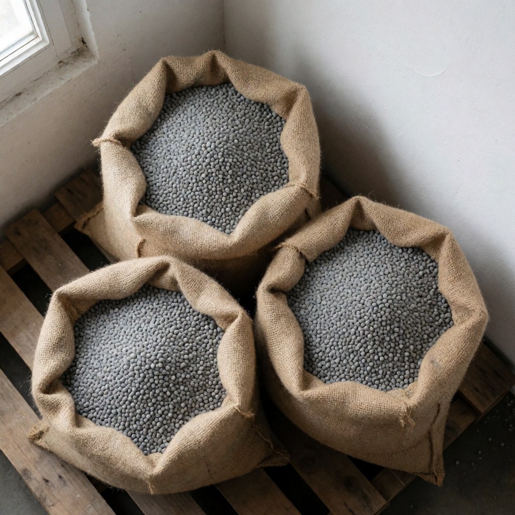 Close-up view of burlap sacks filled with granular nitrogen fertilizer stacked on a wooden pallet in a well-lit agricultural storage facility