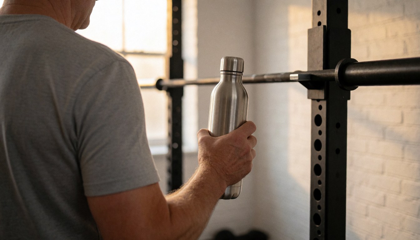 Back view of a person holding a water bottle in a gym with white brick wall and warm lighting