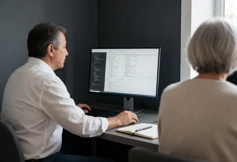 Professional developer working on computer with visible code, notebook and pen on desk in office with gray walls and natural light