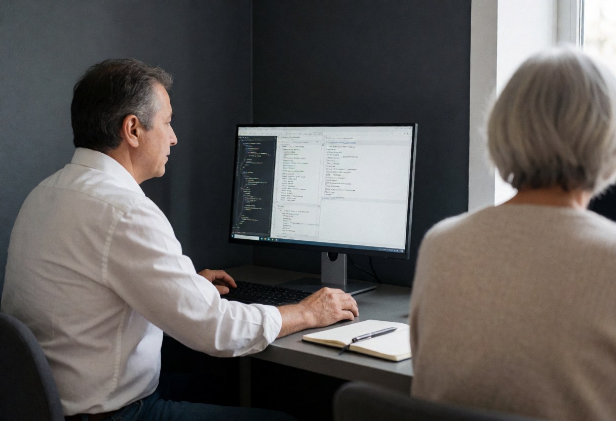 Professional developer working on computer with visible code, notebook and pen on desk in office with gray walls and natural light