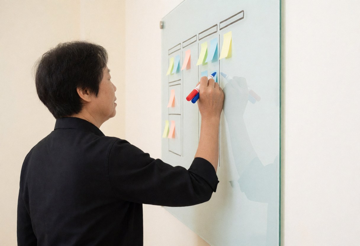 Manager writing on a whiteboard with colorful post-its, planning a sprint in a modern office with professional lighting and organized workspace.