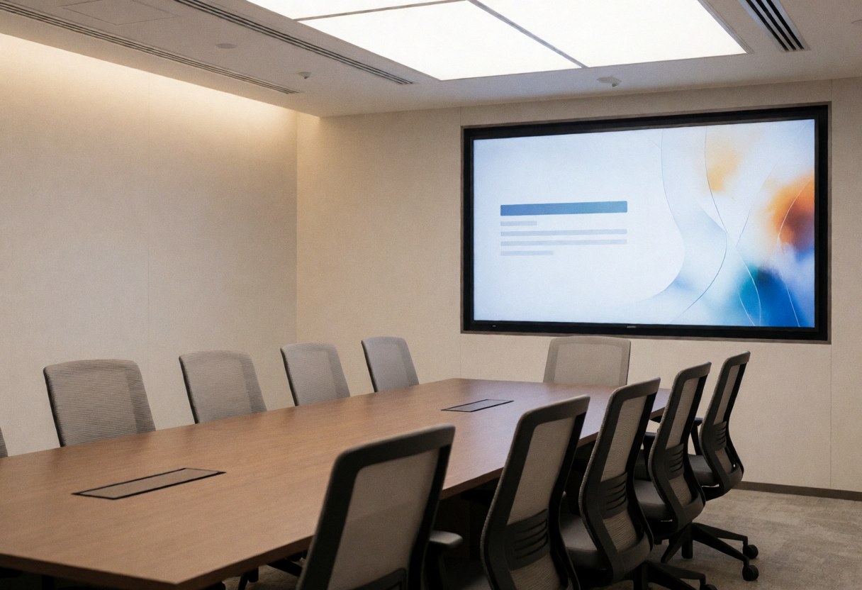 Spacious meeting room featuring a large display screen, wooden table, and ergonomic chairs with neutral walls and soft lighting for business consulting.