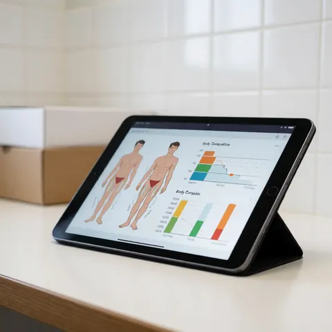 Tablet displaying digital body composition analysis charts and data metrics for professional nutrition and health monitoring on a white surface