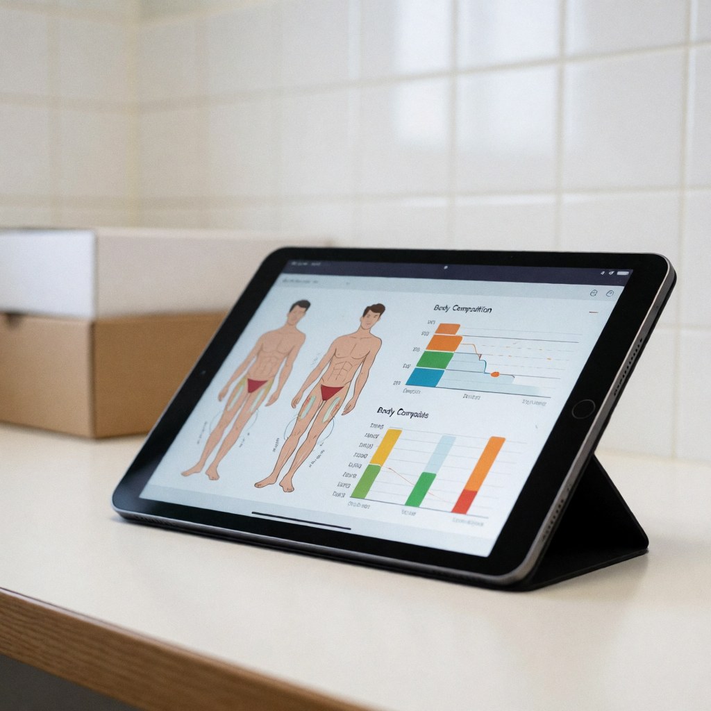 Tablet displaying digital body composition analysis charts and data metrics for professional nutrition and health monitoring on a white surface