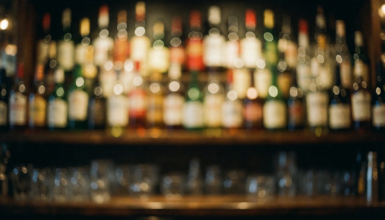 A softly blurred background of a bar shelf displaying bottles and glasses with warm, inviting lighting, ideal for text overlays and promotional designs.