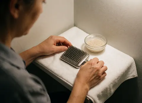 Close-up of a professional deshedding tool resting on a white towel with a cup of natural oatmeal, highlighting gentle pet care ingredients.
