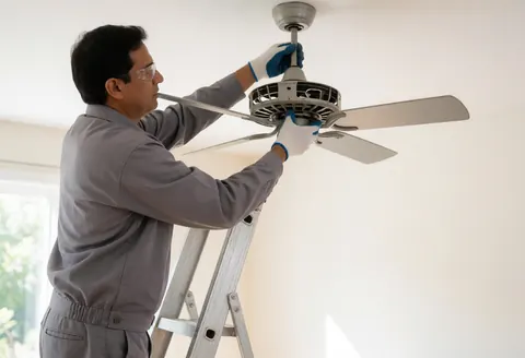 Professional electrician in gray uniform and safety gloves installs a ceiling fan in a bright home using a metal ladder.