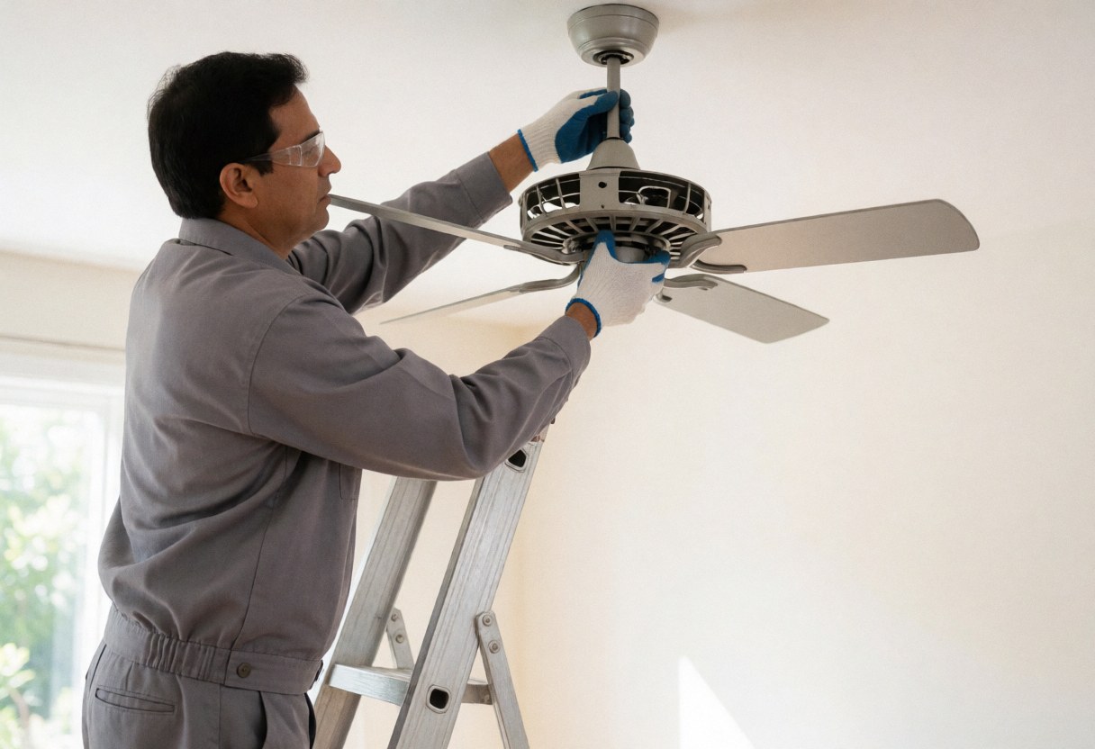 Professional electrician in gray uniform and safety gloves installs a ceiling fan in a bright home using a metal ladder.