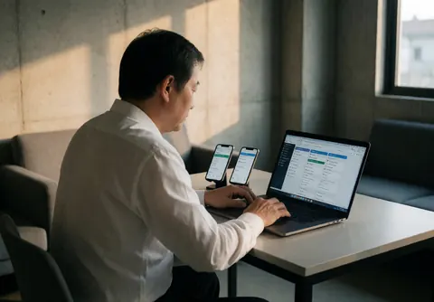 Software developer focused on laptop screen with two smartphones displaying results in a modern office with sunset light.