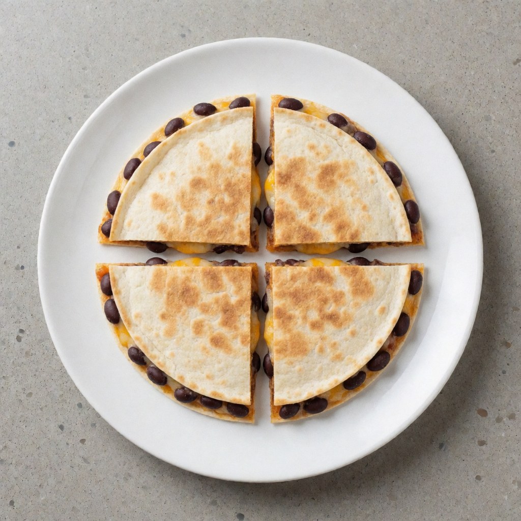 A freshly sliced black bean quesadilla with melted cheese served on a white plate, showcasing a delicious fast food option.