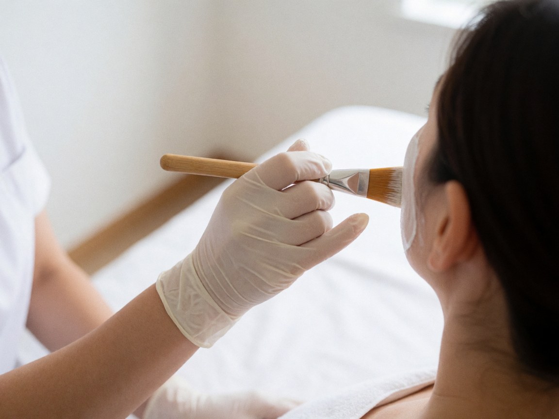 A professional wearing white gloves uses a wooden brush to apply a facial mask to a client against a white background with natural light