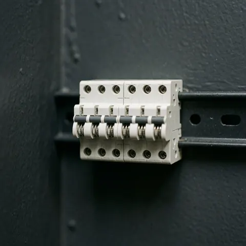 Detailed view of a white plastic Phoenix terminal block mounted on a black din rail, showing electrical contacts and connection points for industrial wiring installations.