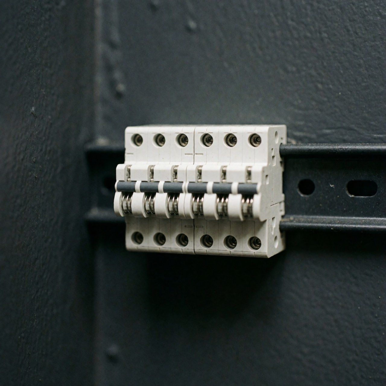 Detailed view of a white plastic Phoenix terminal block mounted on a black din rail, showing electrical contacts and connection points for industrial wiring installations.