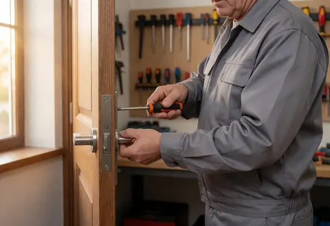 A technician in a gray uniform installs a metal lock on a wooden door using tools in an organized workshop with natural light from a window.