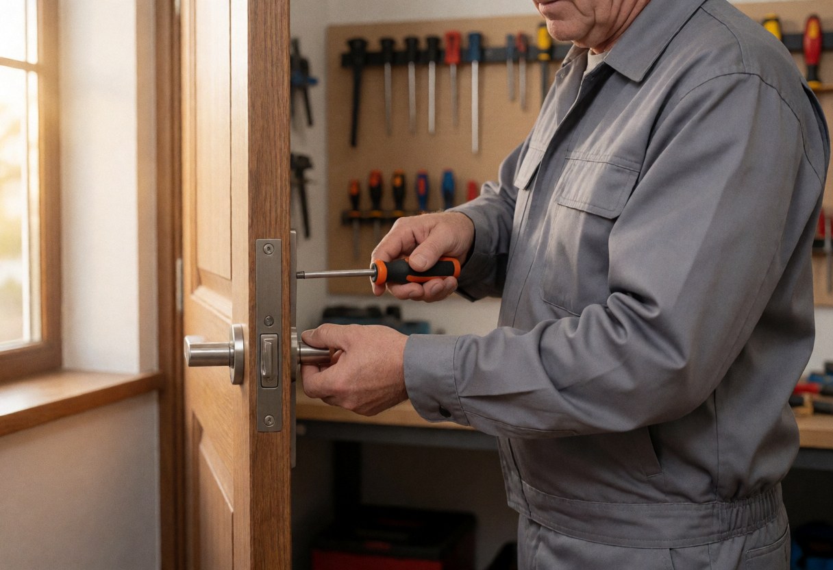 A technician in a gray uniform installs a metal lock on a wooden door using tools in an organized workshop with natural light from a window.