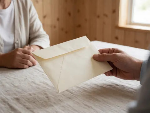 A close-up view of a hand holding a cream-colored envelope over a light wood surface, symbolizing financial support and insurance document delivery in a home setting.