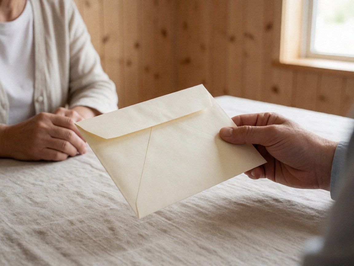 A close-up view of a hand holding a cream-colored envelope over a light wood surface, symbolizing financial support and insurance document delivery in a home setting.