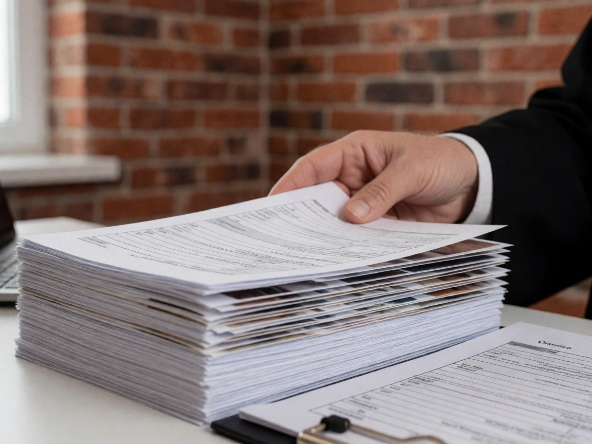 A neat pile of legal papers and forms organized on a wooden office desk with a trash bin nearby, symbolizing evidence management for a law firm