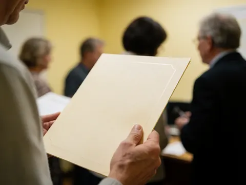 A hand holding a certificate folder in an office with yellow walls and a blurred background of people, conveying an academic achievement atmosphere.
