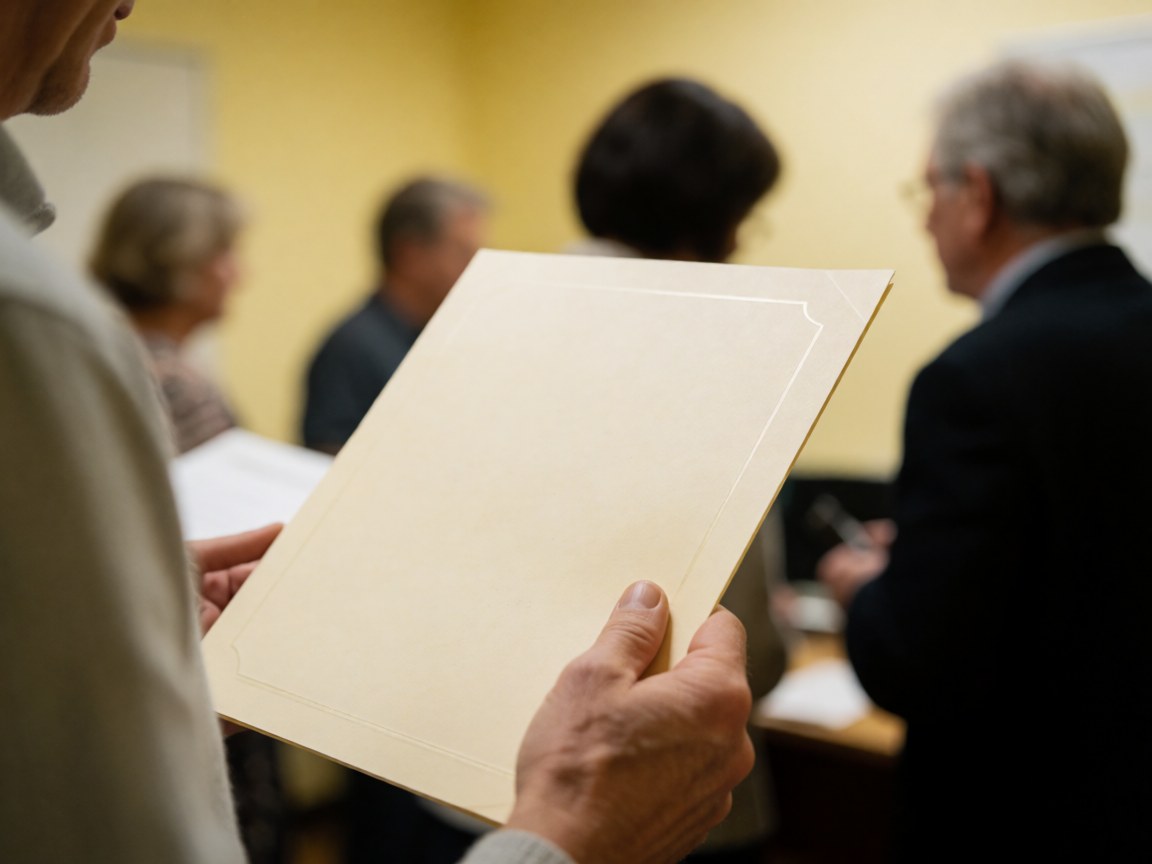 A hand holding a certificate folder in an office with yellow walls and a blurred background of people, conveying an academic achievement atmosphere.