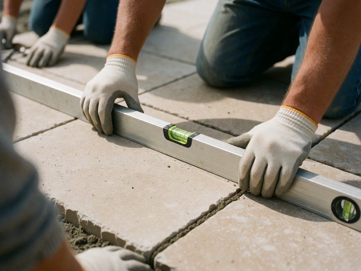 Gloved hands using a level tool on stone pavers with cement joints under bright sunlight