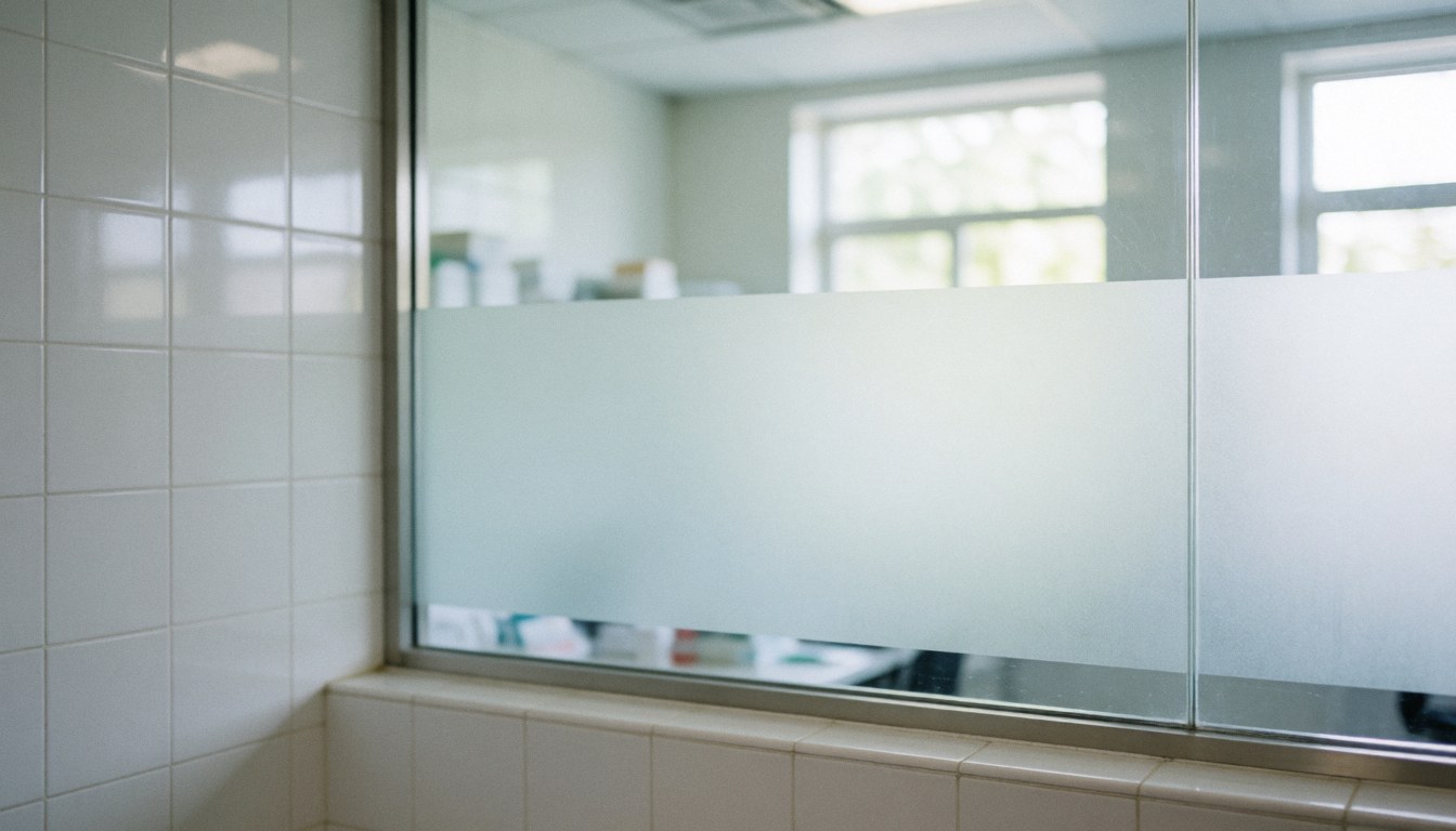 Bright medical lab hallway featuring white walls and frosted glass dividers, providing a clean, neutral background suitable for professional text overlays.