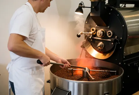 A barista in a white apron roasts coffee beans in a large industrial machine with steam and warm light, showing the production process in a coffee workshop.
