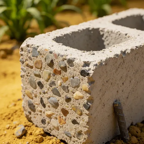 Detailed view of a rough concrete block surface showing aggregate and mortar joints in a construction setting