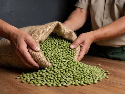 Close-up view of fresh green coffee beans resting inside a woven jute sack placed on a rustic wooden surface, highlighting the raw agricultural product.