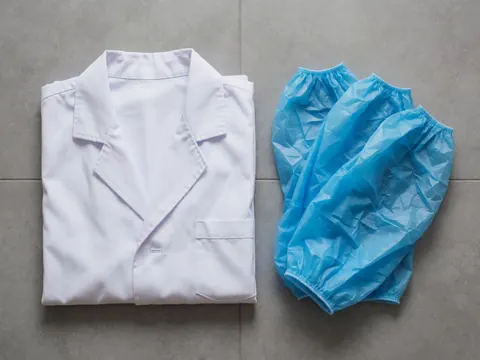 A white laboratory coat and blue protective face mask resting on a gray floor, representing clinical safety equipment.