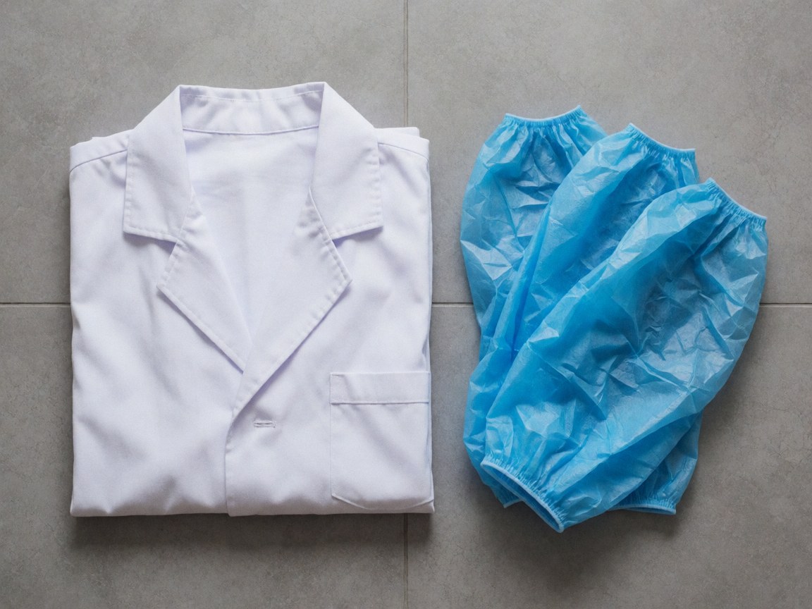 A white laboratory coat and blue protective face mask resting on a gray floor, representing clinical safety equipment.