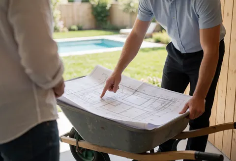 A professional landscaper reviews architectural blueprints while standing on a construction site with a wheelbarrow nearby