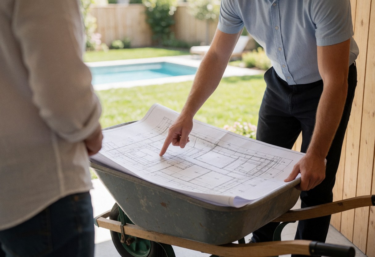 A professional landscaper reviews architectural blueprints while standing on a construction site with a wheelbarrow nearby