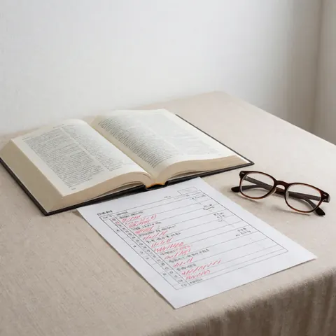 An open book, a sheet with red corrections, and eyeglasses resting on a beige tablecloth, suitable for language school study materials.