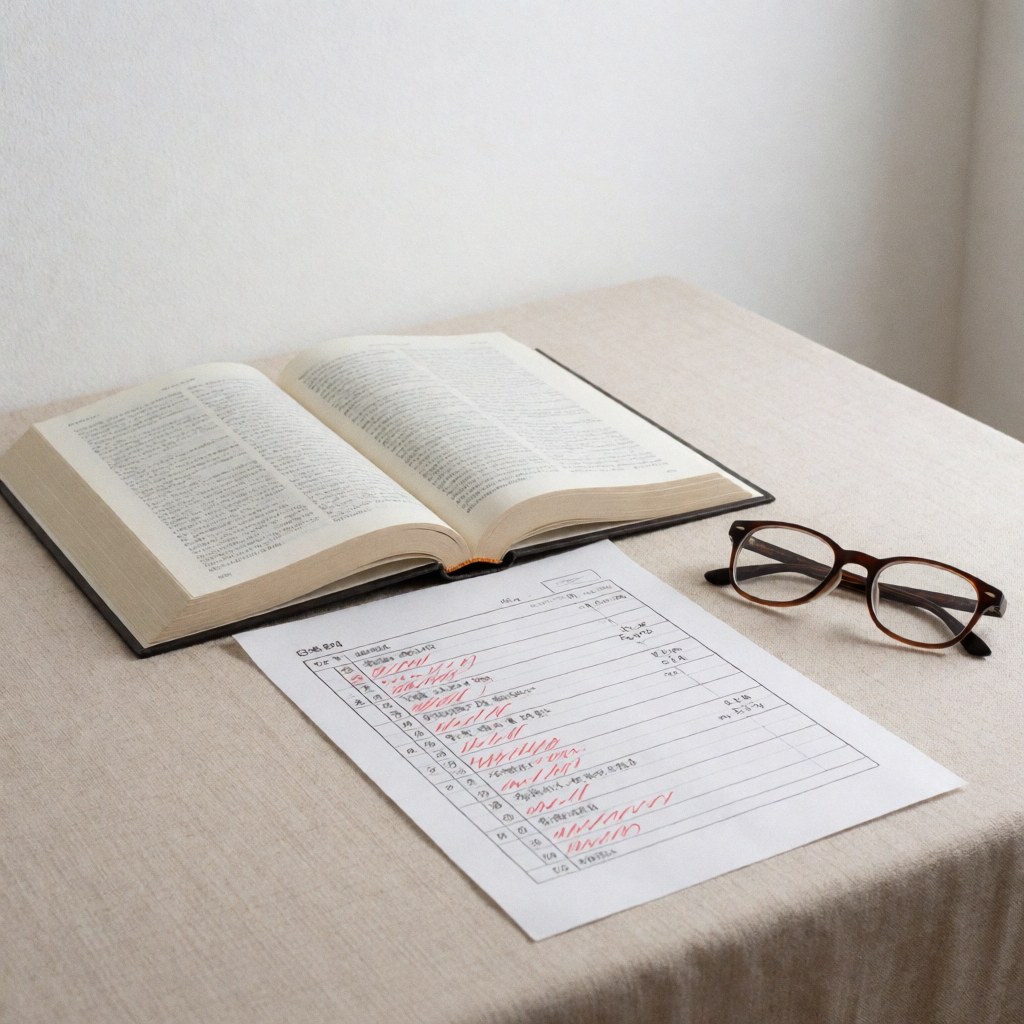 An open book, a sheet with red corrections, and eyeglasses resting on a beige tablecloth, suitable for language school study materials.