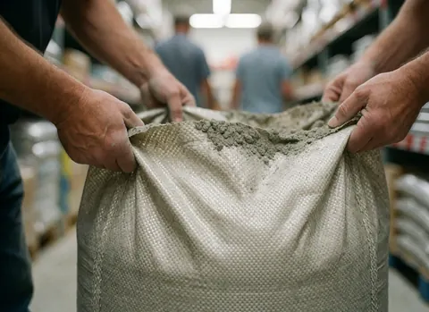 Close-up detail of a gray concrete bag showing its plastic texture and grain, suitable for hardware store construction materials.