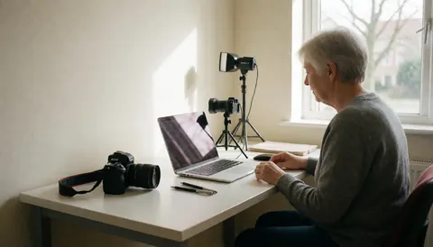 A woman sits at a wooden desk near a window with natural light, using a laptop and professional camera for remote work