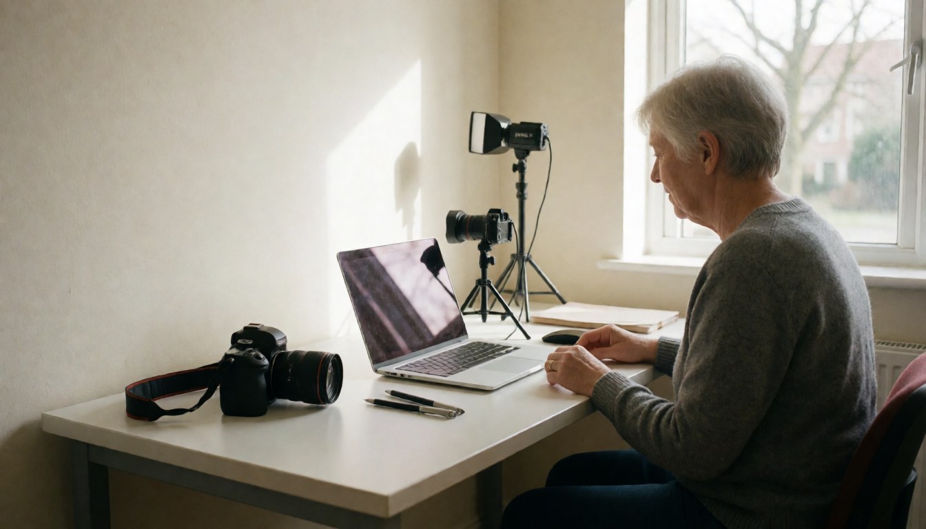 A woman sits at a wooden desk near a window with natural light, using a laptop and professional camera for remote work