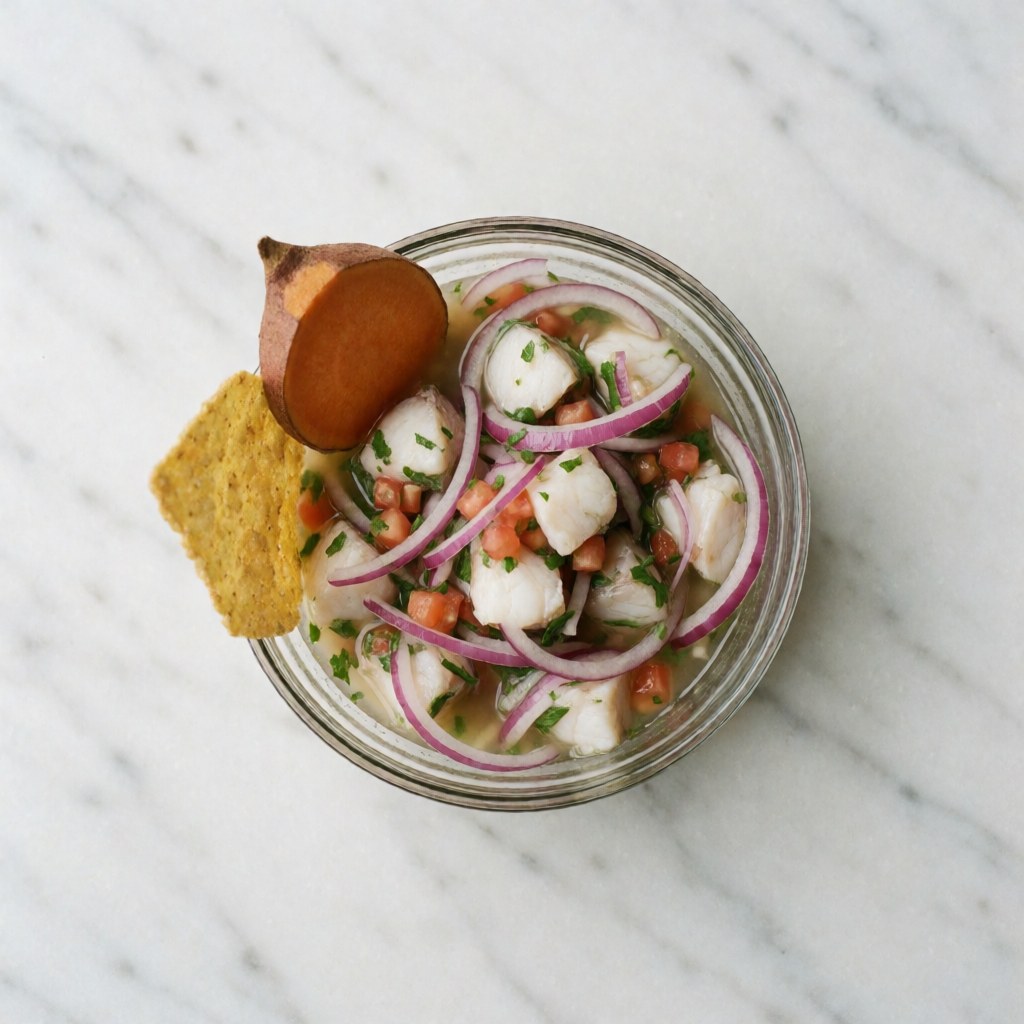 Glass bowl of corvina ceviche with yuca and cancha on white marble surface, bright natural lighting, fresh healthy catering food