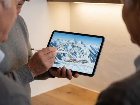 Close-up of hands using a digital tablet to plan travel routes, featuring a stylus pen, wooden desk, and warm indoor lighting for a travel agency.