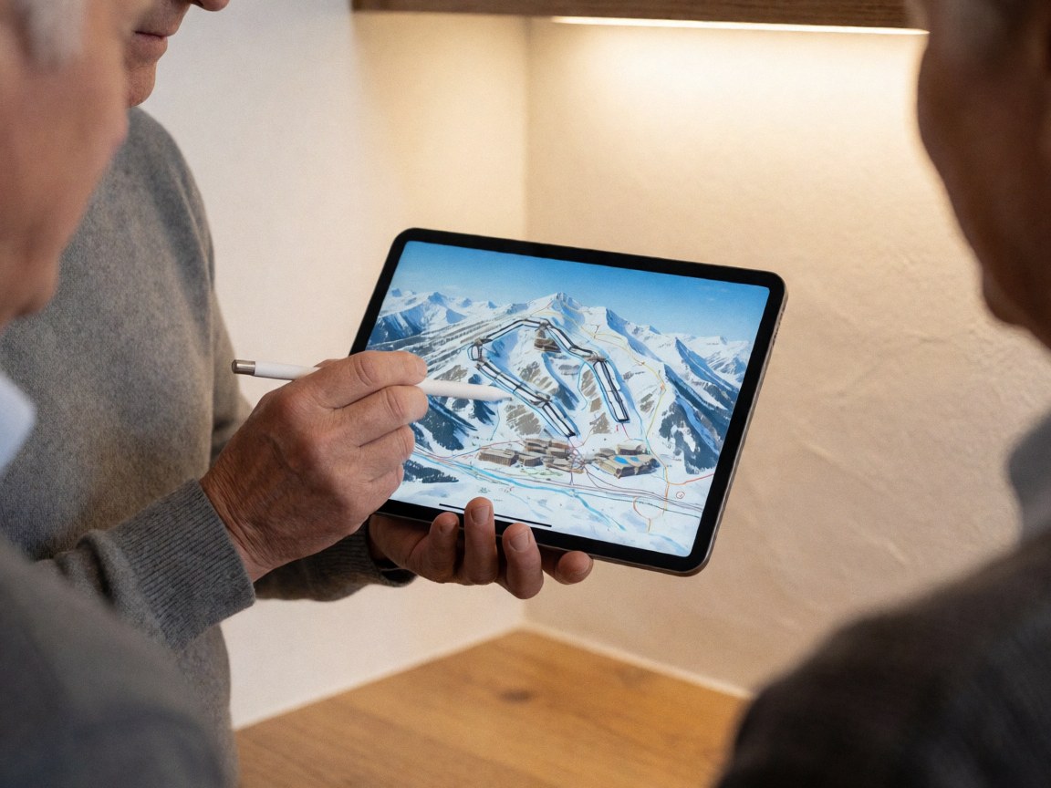 Close-up of hands using a digital tablet to plan travel routes, featuring a stylus pen, wooden desk, and warm indoor lighting for a travel agency.