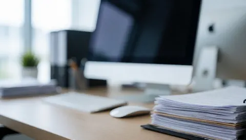 A soft focus view of a clean office desk with a computer, keyboard, mouse, and papers, serving as a professional background for online store content.