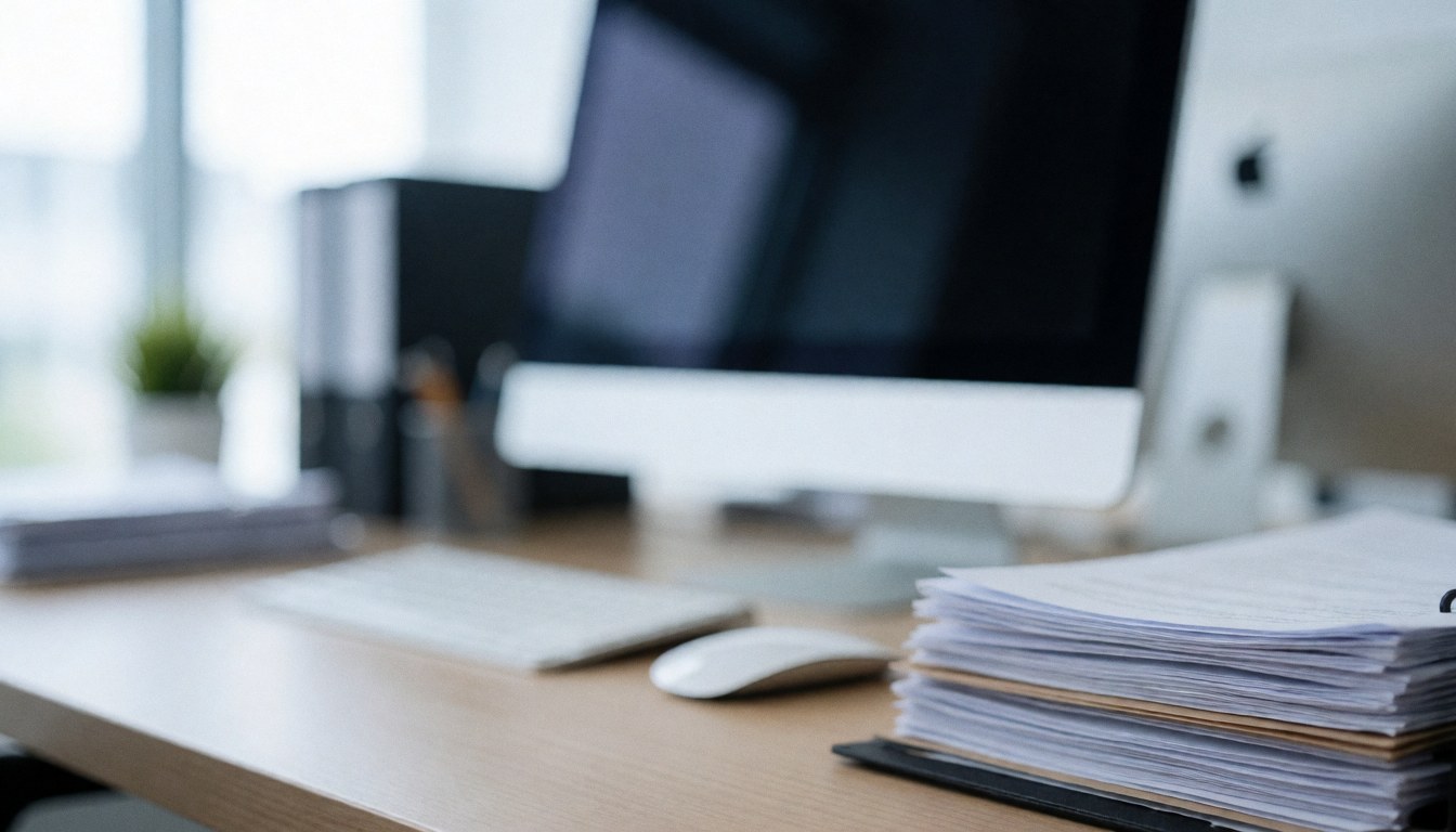 A soft focus view of a clean office desk with a computer, keyboard, mouse, and papers, serving as a professional background for online store content.