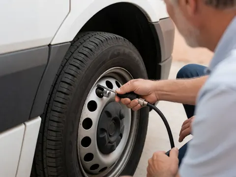 A close-up view of a hand using a tire pressure gauge to check the air pressure on a vehicle tire, highlighting maintenance details for driving schools.