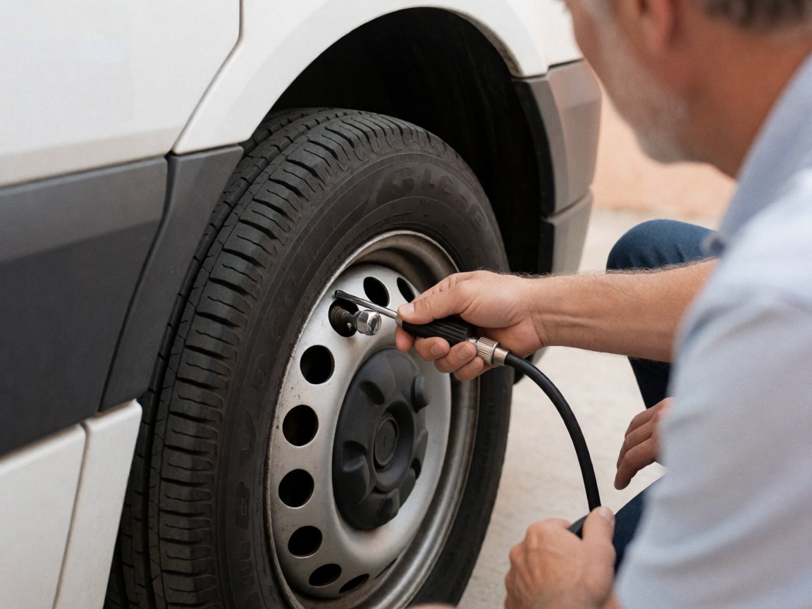 A close-up view of a hand using a tire pressure gauge to check the air pressure on a vehicle tire, highlighting maintenance details for driving schools.