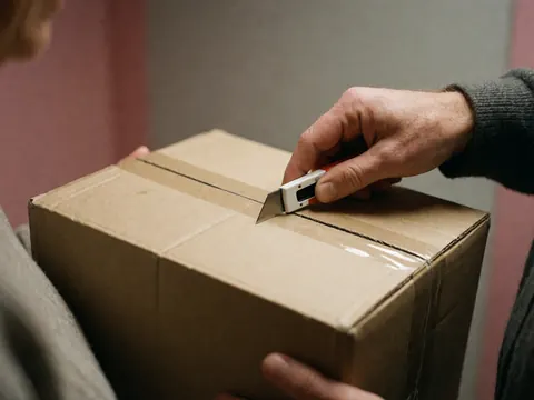 Close-up of hands using a utility knife to precisely cut open a cardboard box against a pink wall, highlighting online store packaging details.