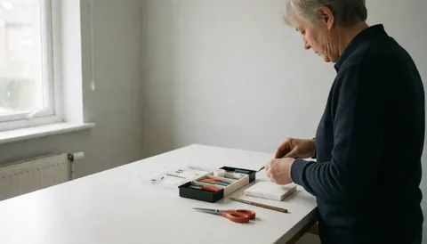 An older professional works with tools on a clean white table in bright natural light, creating a minimalist and organized workspace suitable for field service websites.